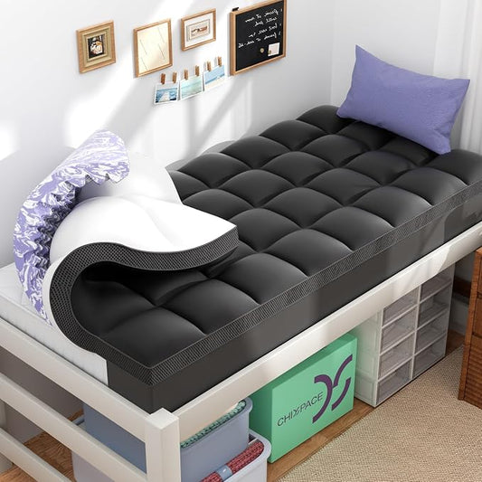 Dorm Room Essentials Dual Layer 5 Inch Memory Foam Mattress Topper Twin XL | 3 Inch Pillow Top Mattress Pad Cover and 2 Inch Gel Memory Foam for Back to School, 7-Zone Egg Crate & 2-in-1 Design (Black)