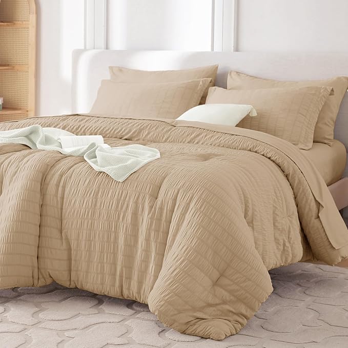 7 Pieces King Comforter Set, Seersucker Bed in a Bag King Size, All Season Luxury Bedding Set with Comforter, Flat Sheet, Fitted Sheet, Pillowcases & Shams, Khaki