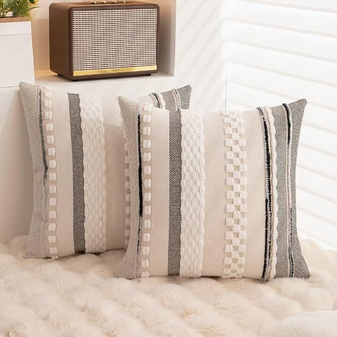 Boho Throw Pillow Covers Decorative Neutral Farmhouse Pillow case | 18x18 Set of 2 Cushion Case Striped Square Pillows Cover Couch Pillow Cases Accent Pillowcase for Sofa Bed,White