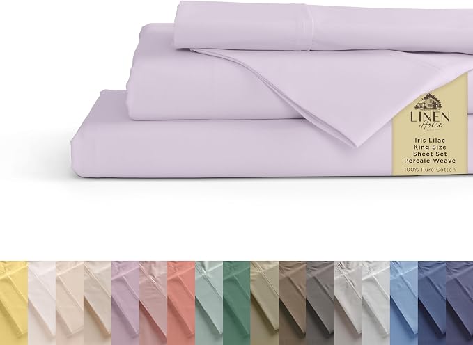 Linen Home 100% Cotton Percale Sheets King Size - Crisp Cool Breathable, 16 Inch Deep Pocket, Soft Durable 4-Piece King Bed Sheet Set 1 Flat, 1 Fitted, 2 Pillowcases, Iris Lilac