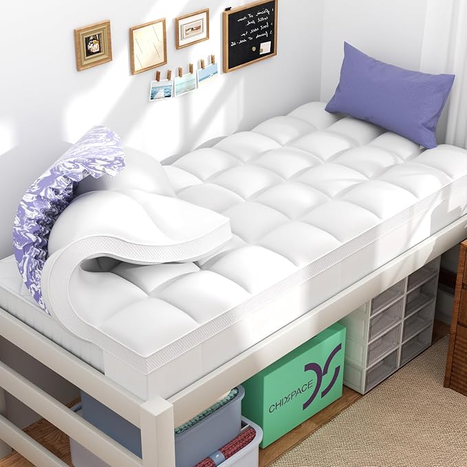 Dorm Room Essentials Dual Layer 5 Inch Memory Foam Mattress Topper Twin XL | 3 Inch Gel Memory Foam and 2 Inch Pillow Top Mattress Pad for Back to School , 7-Zone Egg Crate & 2-in-1 Design (Cream)
