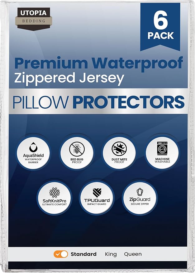 Set of 6 Pillow Protectors with Zipper Standard Size, Pillow Covers | Ultra Soft Pillow Encasements, Bed Bug & Dust Mite Proof, Moisture Wicking and Waterproof Pillow Cases by Utopia Bedding