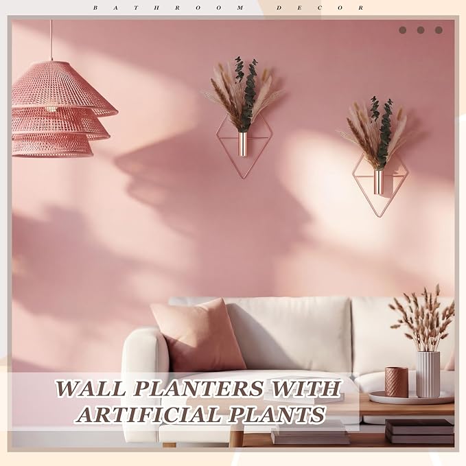 Jexine 4 Pcs Hanging Planters with Artificial Pampas Rose Gold Metal Hanging Vase Indoor Plants Holder Modern Geometric Boho Bathroom Wall Decor for Living Room Home Office