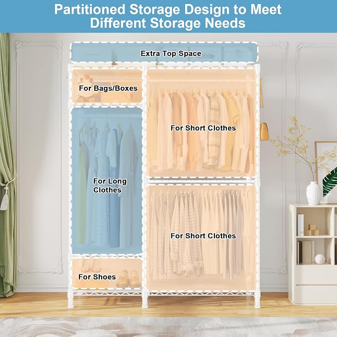 Ulif F7 Medium Clothes Rack, Clothing Racks for Hanging Clothes, Black | Heavy Duty Garment Rack, 6-Tiers Freestanding Portable Closet Storage Racks 45'' W × 14.6'' D × 76.6'' H, Max Load 750 Lbs