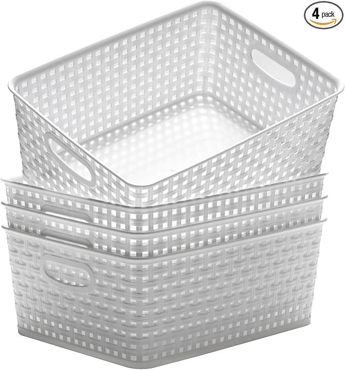 Eslite Plastic Storage Baskets for Organizing,11"X8.5"X4.7",Pack of 4 (White)