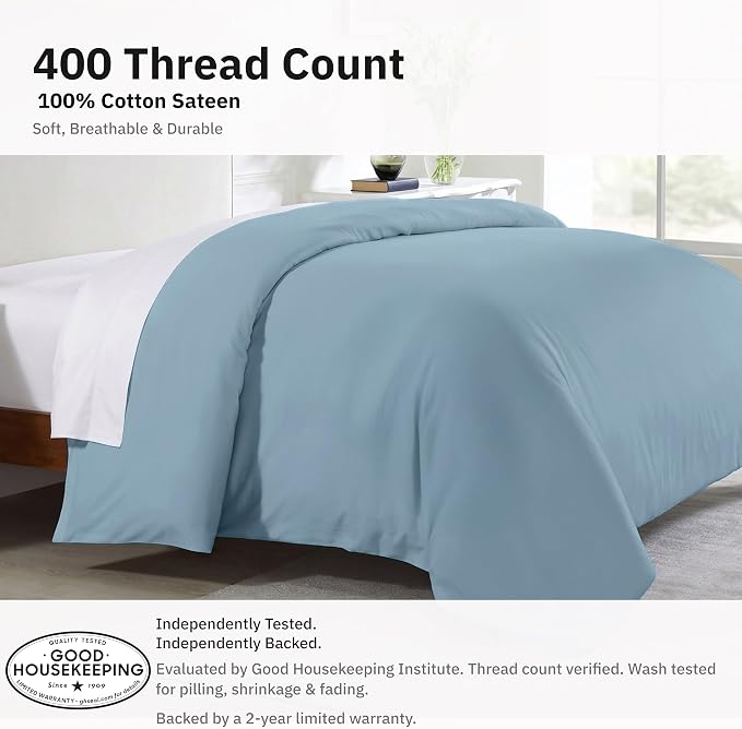 California Design Den 100% Cotton Sateen King Comforter Cover, Sky Blue | Duvet Cover Only, Comforter Not Included, Backed by Good Housekeeping Seal, Button Closure & Corner Ties