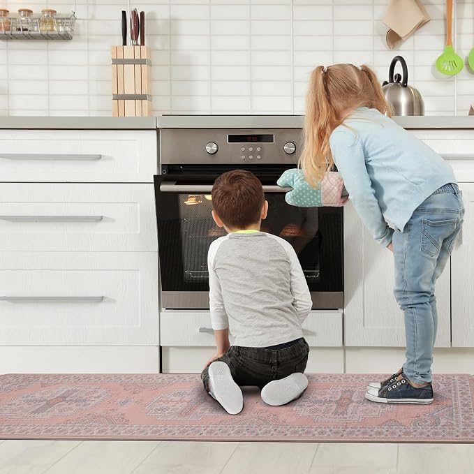 Washable Kitchen Runner Rug 2x8 Rug Runners for Hallways- Light Pink | No Crease,Stain Resistant,Non Slip Hallway Runner Rug for Laundry Room,Bedroom,Entryway,Bathroom,Foyer Farmhouse Home Office