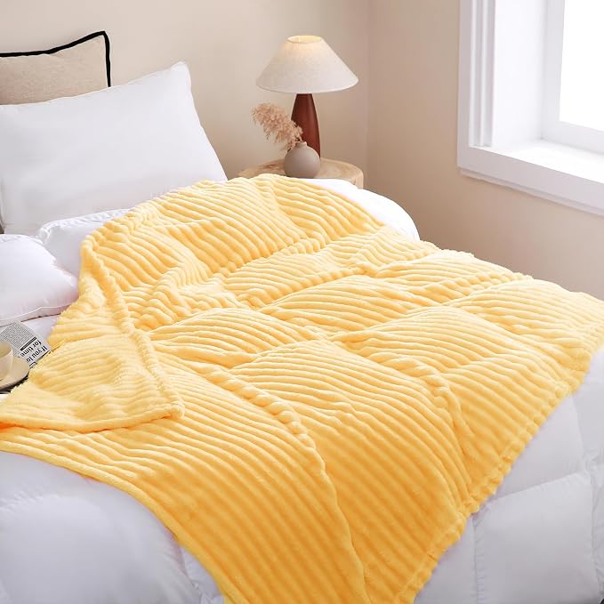 Light Yellow Fleece Throw Blanket 60”×80” for Couch Sofa Livingroom | Linecooo Super Soft Cozy Plush Microfiber Flannel Bed Blanket Striped Design Lightweight Home Decor Gifts for Adult Mom Women