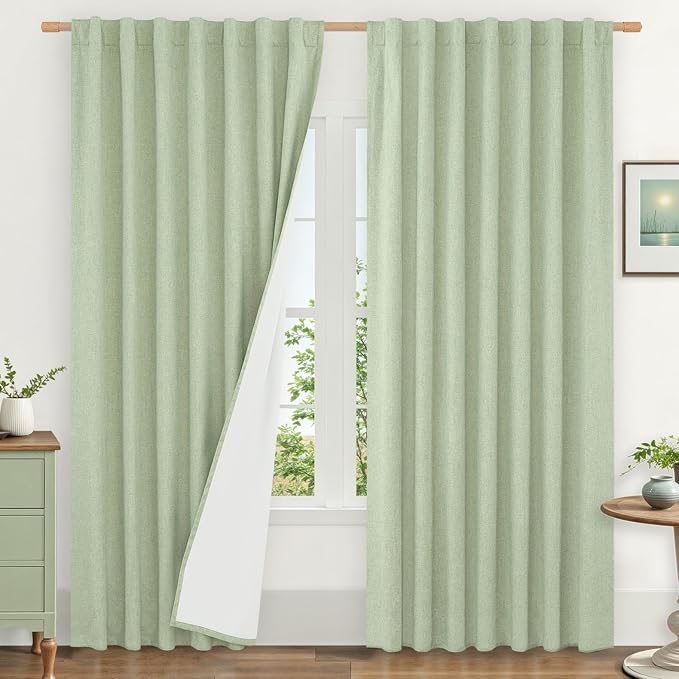100% Blackout Linen Curtains 84 Inches Long for Living Room 2 Panels | Full Room Darkening, Farmhouse Curtains, Thermal, Rod Pocket Back Tab Panels, with White Liner, Light Green, 60 x 84 Inch