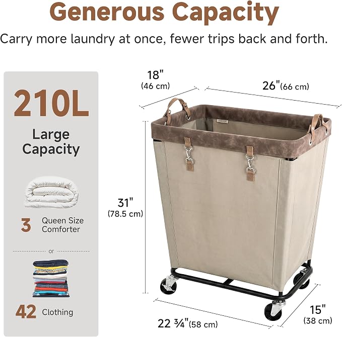 StorageWorks 210L Laundry Basket with Wheels, Rolling Hampers for Clothing | Large Light Kahki Laundry Basket with Wheels & Handles, Rolling Cart for Bedroom, Bathroom, Dorm, Hotel