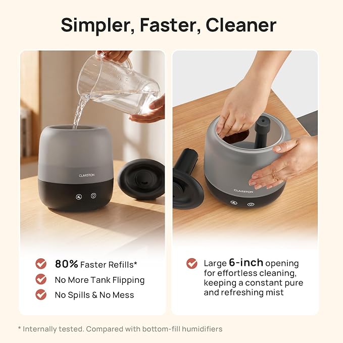 Clarston Humidifiers for Bedroom, 2L Cool Mist Humidifier, 24dB Quiet Sleep | 25H Runtime, Easy to Top Fill & Clean, Humidification for Baby Nursery & Plant, 360° Nozzle for Large Room, Nightlight,No BPA