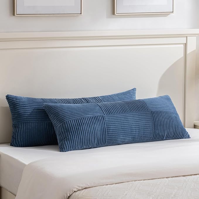 Fancy Homi Set of 2 Dusty Blue Boho Long Lumbar Body Decorative Throw Pillow Cover 14x36 Inch for Bed Couch Bedroom Bench, Soft Patchwork Corduroy Textured Pillow Case, Rustic Farmhouse Room Décor