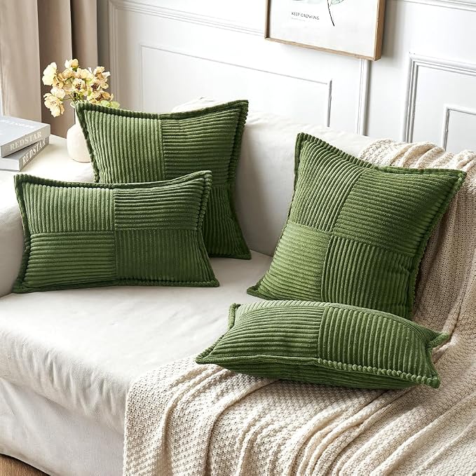 MIULEE Decorative Throw Pillow Covers for Couch 20x20 Inch Moss Green | 2 Pack, Boho Broadside Striped Patchwork Pillow Covers, Soft Corduroy Cushion Cases, For Sofa Bed Livingroom Home Decor
