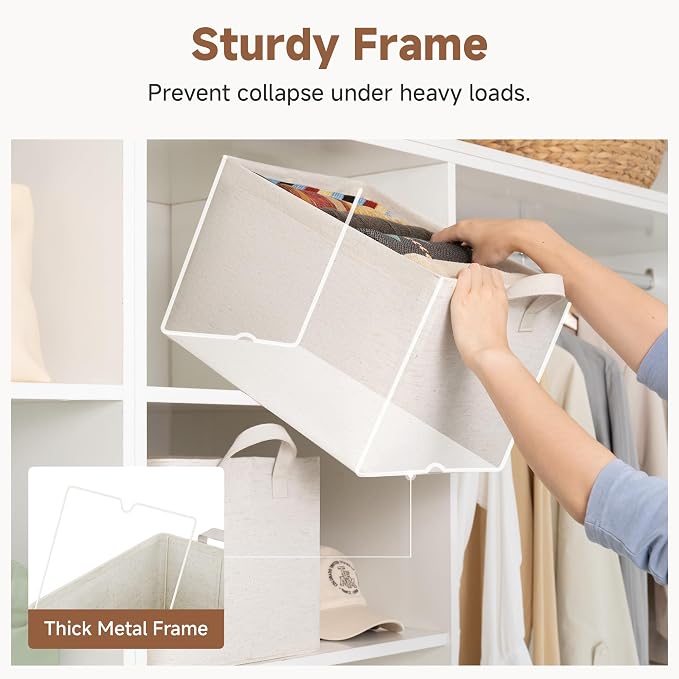 StorageWorks Linen Closet Organizers, Fabric Storage Bin, Beige, 2-Pack | Large, With Reinforced PU Handles, Metal Frame, Collapsible, Basket for Shelves, Closet, Holds Clothes, Towels, Blankets