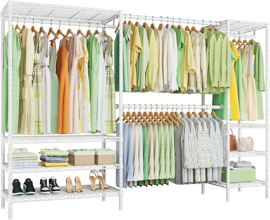 Ulif E11 Heavy-Duty Garment Rack, Metal Clothes Rack, Load 1034lbs, White | Freestanding Expandable Closet Storage Organizer System with 8 Shelves and 4 Hanger Rods, (73.2-97.6)"W x 14.5"D x 71.2"H