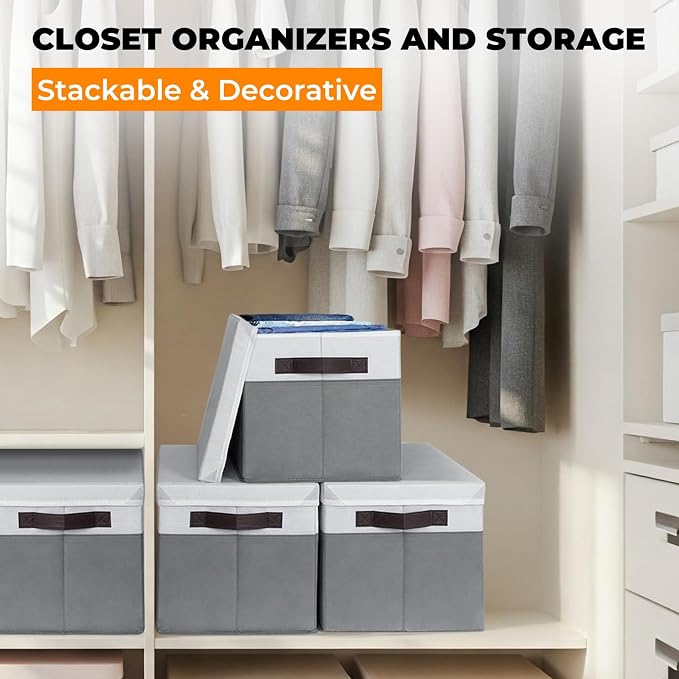Extra Large Storage Baskets with Lids 8 Pack, 33 QT Blanket Basket for Organizing/ Stackable Decorative Closet Organizers and Storage Box for Clothes Towels/ Toy Organizers Bins with Handles/ 16x12