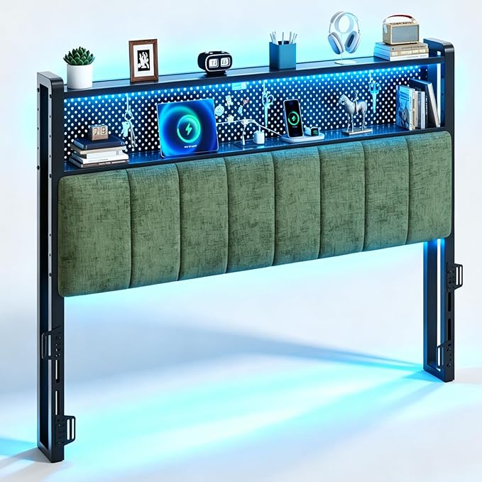 VINGLI Chenille Green Upholstered Bookcase Headboard Only Full Size Height Adjustable Headboard with 2 Tier Shelves, LED Lights and Charging Station for Bed, Bedside Storage