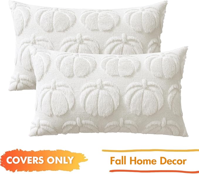 MIULEE Fall Pillow Covers Pumpkin Fall Decor Lumbar 12x20 Pure White | Set of 2 Fall Decorations for Home, Plush Faux Fur Farmhouse Accent Pillowcases, Porch Sofa Couch Cushion Bed Livingroom