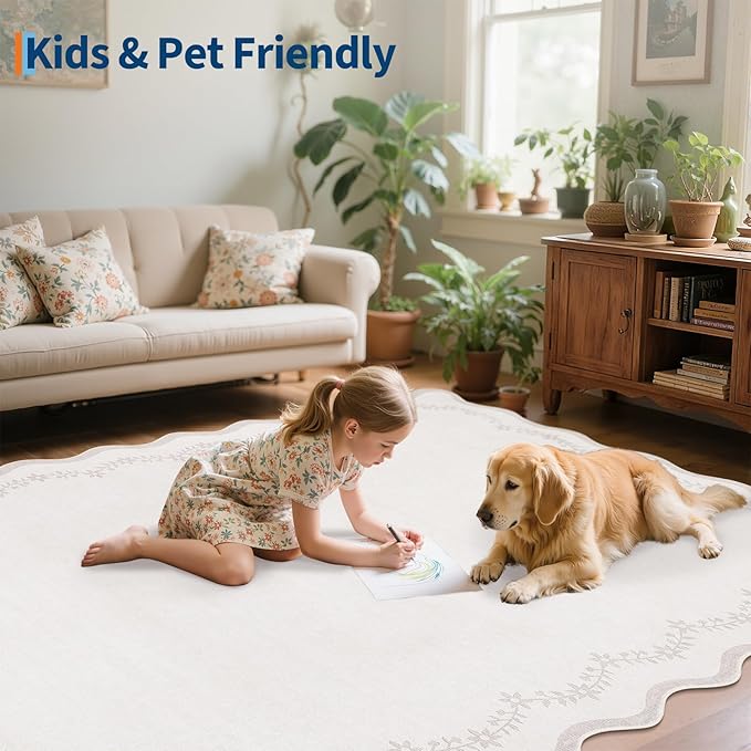 GarveeHome 5x7 Scalloped Area Rug Beige Washable Bedroom Living Room Rug | Soft Floral Low Pile Non Slip Accent Floor Mat Solid Print Throw Rug Indoor Carpet for Dining Room Dorm Playroom