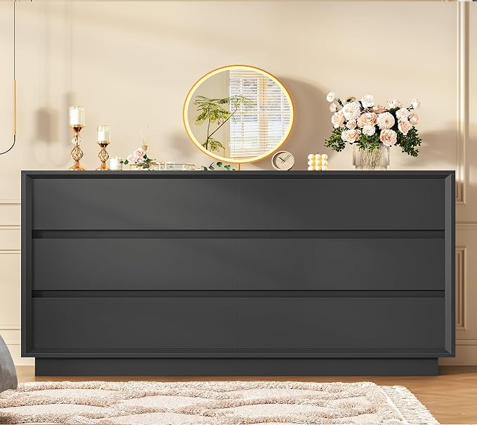 TEENFON 55" Dresser for Bedroom with 6 Drawers, Black Dresser with Metal Slide, Bedroom Dressers, Wood Dressers & Chests of Drawers for Bedroom, Hallway, Black