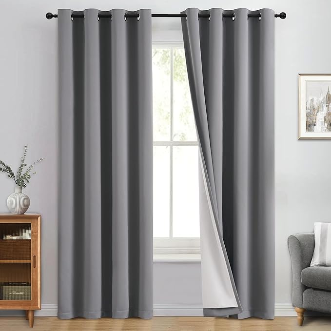 Yakamok Grey 100% Blackout Curtain Panels 84 inches, 50" Wide, 2 Panels | Blackout Curtain Panels for Bedroom, 2 Thick Layers Grommet Top Thermal Insulated Drapes with White Back for Living Room