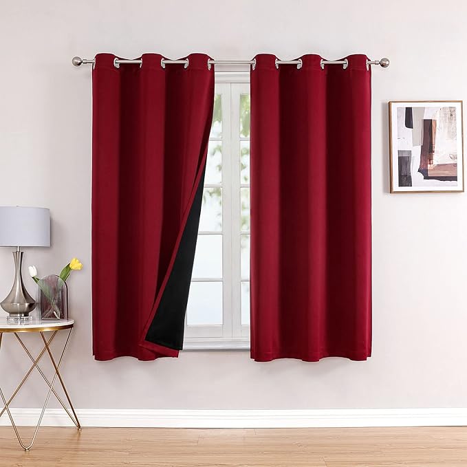 ChrisDowa 100% Blackout Curtains for Bedroom 63 Inches Long 2 Panels Set | 2 Thick Layers, Thermal Insulated, Light Blocking, Grommet, Window Treatment, Living Room Drapes, Burgundy, 38 x 63 Inch