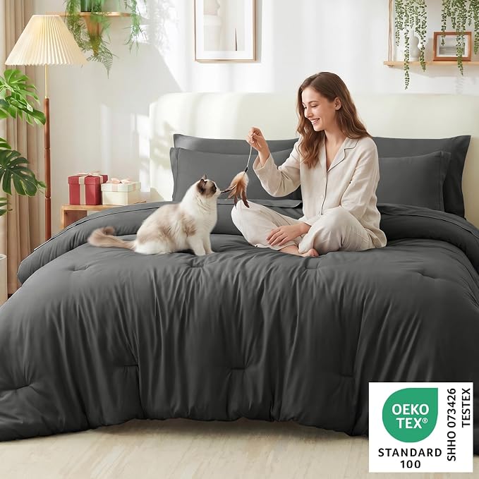 Full Size Comforter Set Dark Grey, 7 Pieces Bed in a Bag | OEKO-TEX Certified, All-Season, Bedroom, 240GSM Down Alternative Comforter, Flat & Fitted Sheets, 2 Pillowcases & 2 Shams