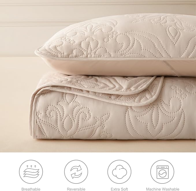 Whale Flotilla Queen Quilt Bedding Set Vintage Damask Reversible Bedspread | Suitable for Bed, 3 Pieces Brich Beige Lightweight Breathable Quilts Queen Size, Ultrasonic Coverlet with 2 Pillow Shams