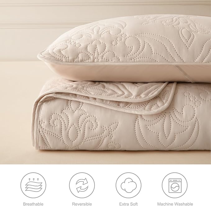 Whale Flotilla Cal King Quilt Set Vintage Damask Reversible Bedspread | Suitable for Bed, 3 Pieces Brich Beige Lightweight Breathable Oversized Quilts, Ultrasonic Coverlet with 2 Pillow Shams