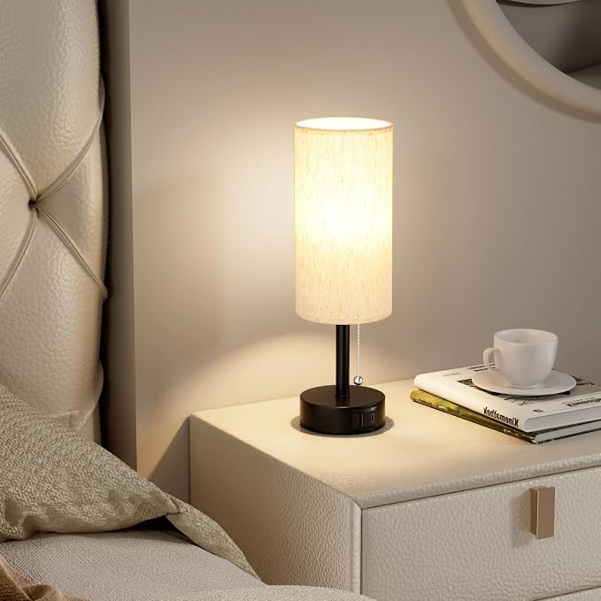 Cream Bedside Table Lamps Set of 2 - Bedroom Lamp for Desk, USB C+A | 3CCT(3000K/4000K/5000K), LED Bulbs Included, Cream Fabric Lampshade, 14in Small Lamp for Nightstand, Guest Room, Living Room