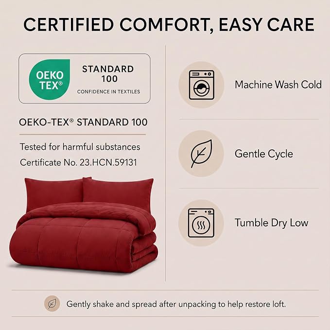 Oversized King Comforter Set Dark Red - 7 Pieces Bed in a Bag | OEKO-TEX Certified, All-Season, Bedroom, Guest Room, Down-Alternative Comforter + Flat & Fitted Sheets + 4 Pillowcases