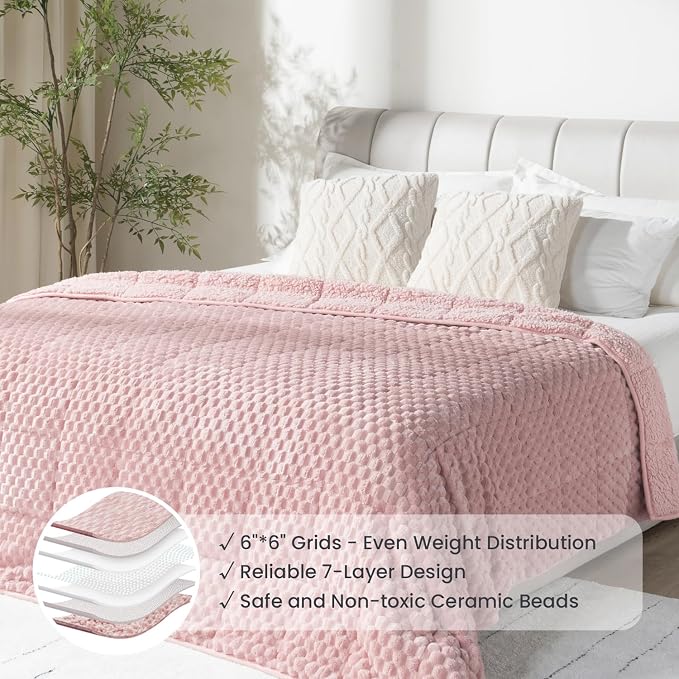 Drewin Weighted Blanket Queen Size 15lbs for Adults,Pink,60 x 80 inches | Stress Relief & Better Sleep,Soft Jacquard Sherpa with Glass Beads,Machine Washable,Great for Napping,Relaxing,Reading