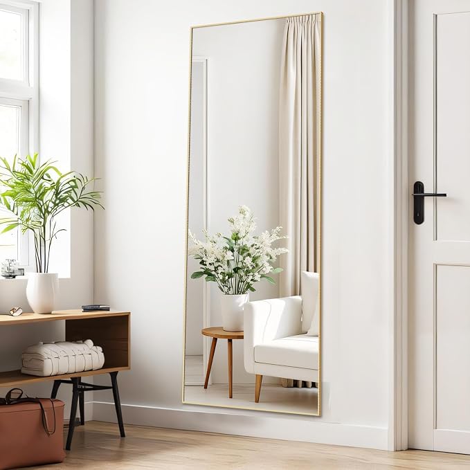 21"x64" Mirror Full Length, Upgraded Body Wall Mirrors | Shatter-Proof Glass, Floor Standing, Hanging or Leaning, Tall Mirror with Stand Aluminum Alloy Frame for Bedroom, Gold