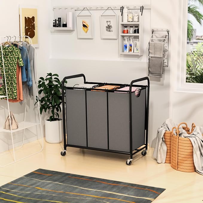 180L Laundry Sorter 3 Section, Rolling Laundry Basket with Wheels and Lid | 47.55 Gal Laundry Hamper, 3 Separated Removable Bags, Lockable Wheels, Dirty Clothes Hamper for Laundry Room Organizer, Grey