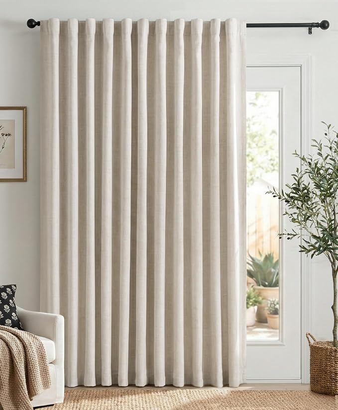 Linen Textured Total Blackout Sliding Door Curtains 84 Inches Long, Cream | 100% Blackout Shield Back Tab/Rod Pocket Sliding Door Curtains, Thermal Insulated Curtains 1 Panel Set, 100"W x 84"L