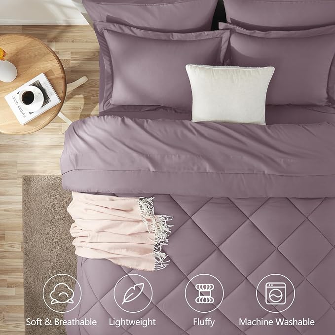 Oversized Queen Comforter Set Dusty Purple - 7 Pieces Bed in a Bag | OEKO-TEX Certified, All Season, 240GSM Down-Alternative Comforter, Sheets, Pillowcases & Shams, 14" Deep Pocket, Easy Care
