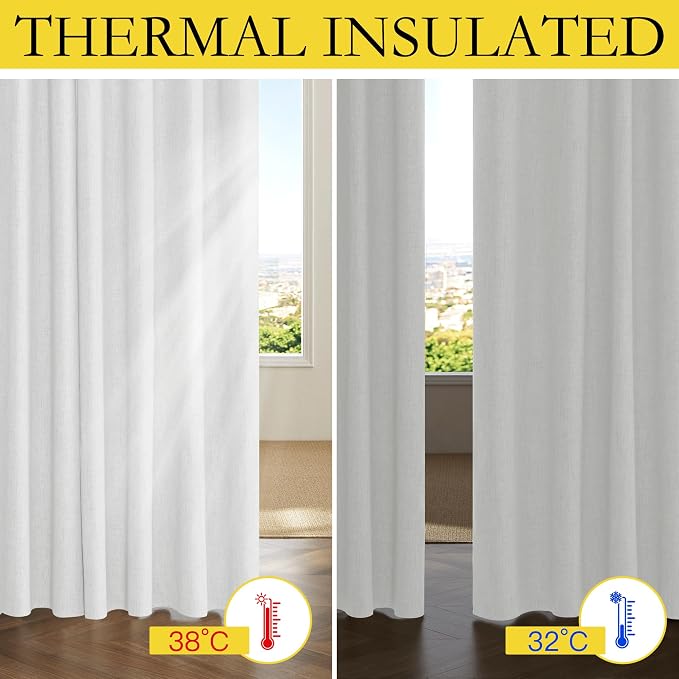 NICETOWN 100% Absolutely Blackout Linen Curtains with Thermal Insulated Liner, Greyish White, 42" Wide, 72" Length Energy Saving Curtains for Classroom 2 Panels Set, Vertical Blinds