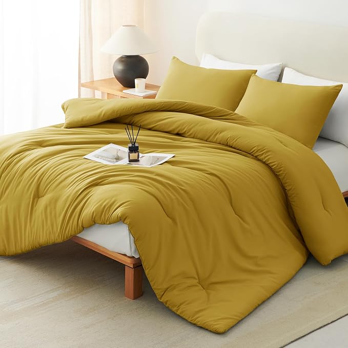 Queen Comforter Set 3-Piece Down Alternative Bedding Mustard Yellow | 270 GSM All Season Comforter with 4 Corner Ties for Use as a Duvet Insert, OEKO-TEX Certified, 2 Pillowcases, 88 x 88 in