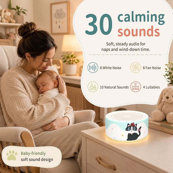Kipcush White Noise Machine for Baby & Adults, Sleep Sound Machine with 30 Soothing Sounds, 8-Color Night Light, Memory Function, White Noise for Sleeping, Nursery, Office, Travel, Relaxation