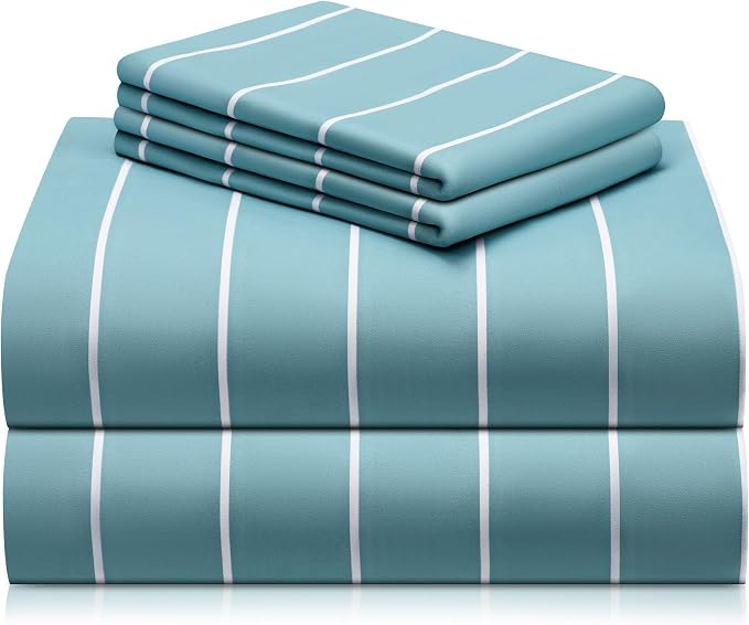 LuxClub 4 PC Queen Size Sheet Set Bed Sheets, Breathable Luxury, Deep Pockets 18" Wrinkle Free Cooling Machine Washable Hotel Bedding (Striped Light Blue) | LuxClub Silky Fitted Sheet & Pillowcase Sets, Breathable Hotel Luxury Bedding for Mattress Wrin...