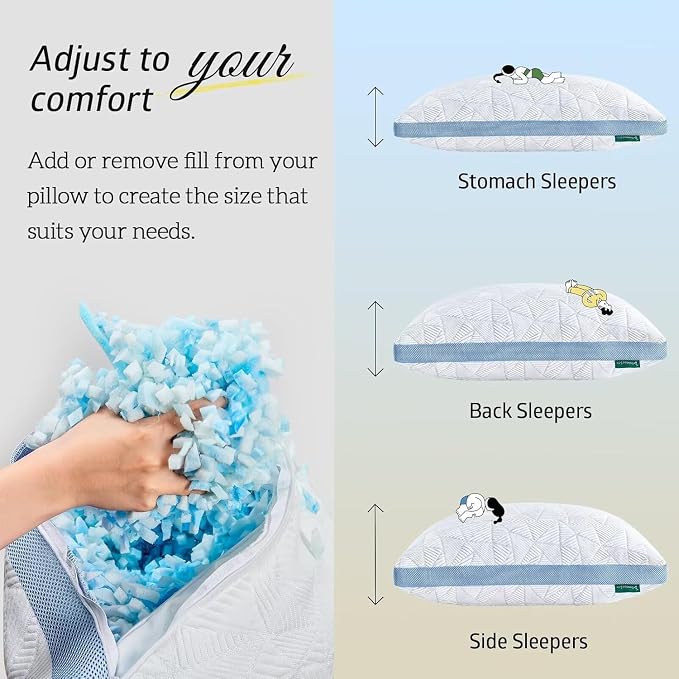 BETU Cooling Pillows Queen Size Set of 2, Shredded Memory Foam Cool Pillows for Hot Sleepers, Adjustable Firm Soft Support Bed Pillows Perfect for Back Neck Pain and Side Sleeping with Cover, Blue