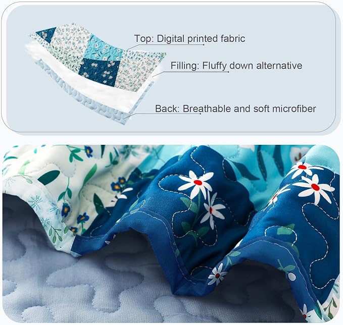 Whale Flotilla Patchwork Quilts Queen Size, Extra Soft Floral Bedspreads | Blue Reversible Lightweight Full Queen Quilt Bedding Set for Bed, Printed Coverlets with 2 Pillow Shams for All Seasons