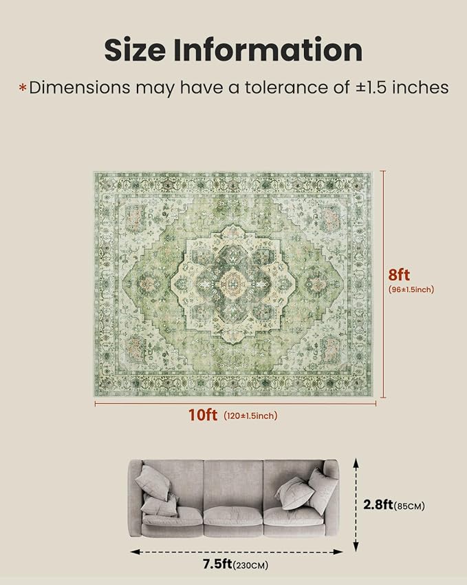 AMADA HOMEFURNISHING 8x10 Area Rug, Washable Low-Profile Large Area Rug with Non-Slip Backing & Durable Edge Binding, Vintage Large Rugs for Living Room, Bedroom
