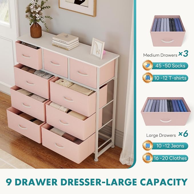 OLIXIS 9 Drawer Pink Dresser for Bedroom, Closet Organizers and Storage | Tall Fabric Dresser with Wooden Top, Chest of Drawers for Clothes Storage, Tower Cabinet, Furniture, TV Stand