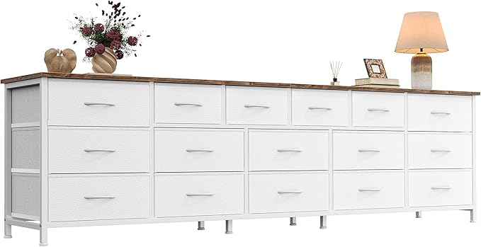 Huuger 77.6" Long Dresser for Bedroom, 16 Drawer Fabric Dresser for Closet, Wide Chest of Drawers with Storage, TV Stand for 65, 75, 85 Inch TV, 77.6" W x 13" D x 26.4" H, Farmhouse White