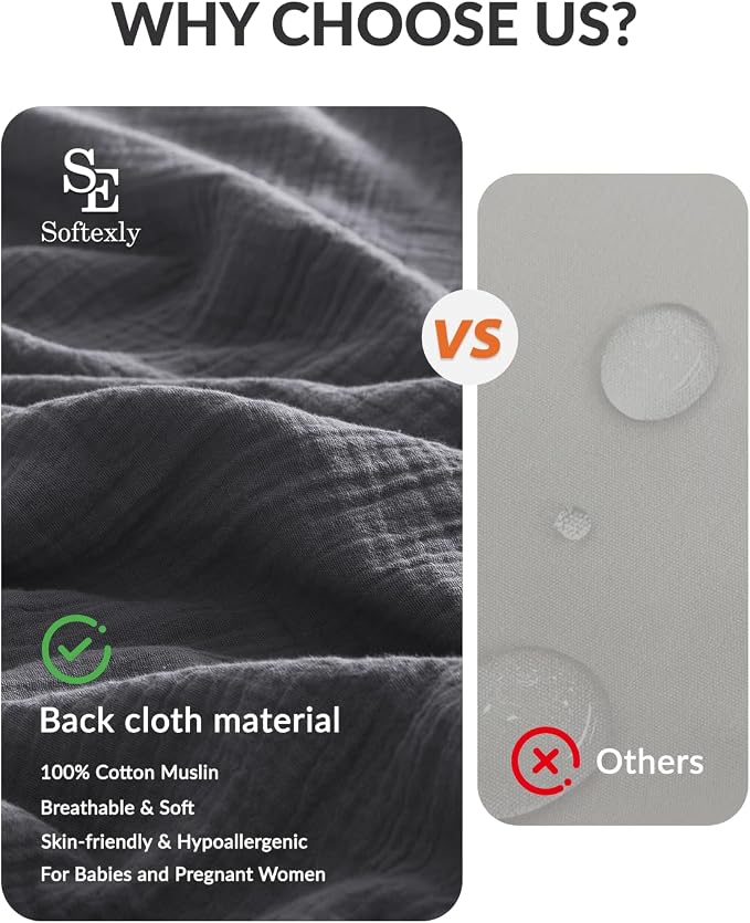 SE SOFTEXLY Muslin Duvet Cover King Size, 100% Washed Cotton Duvet Cover Set, Ultra Soft Comforter Cover Linen Like, 3 Pieces Minimalist Gauze Duvet Cover with 2 Pillowcases, 90"x104", Dark Grey