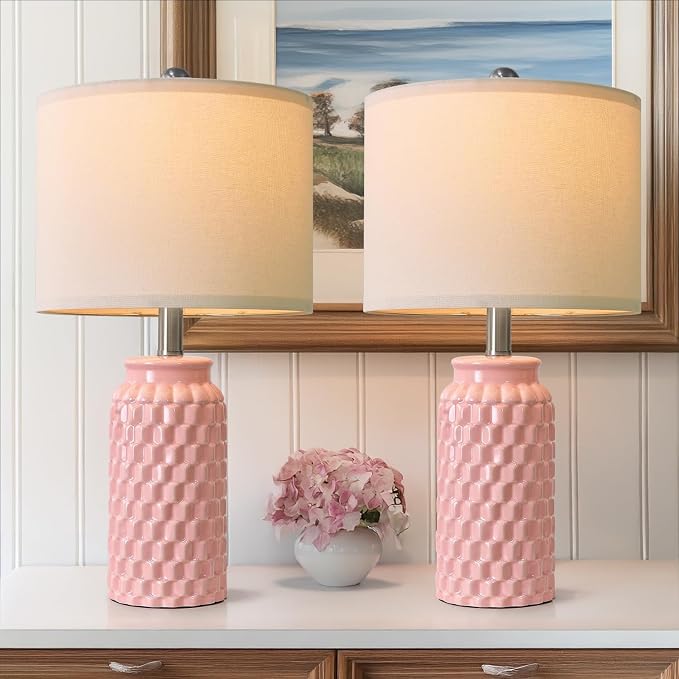USumkky 20.5" Pink Table Lamps Set of 2,Modern Farmhouse Bedside Lamps - Ceramic Nightstand Lamps for Bedroom,Boho Living Room End Tables,Small Office Desk Lamp