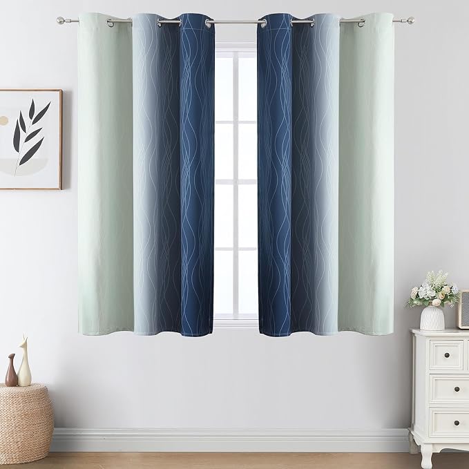 Sage Green and Navy Blue Ombre Blackout Curtains for Bedroom 45 Inches Long | Estelar Textiler Thermal Insulated, Light Blocking,Full Room Darkening Gradient Grommet Short Window Drapes,42Wx45L,2 Panels