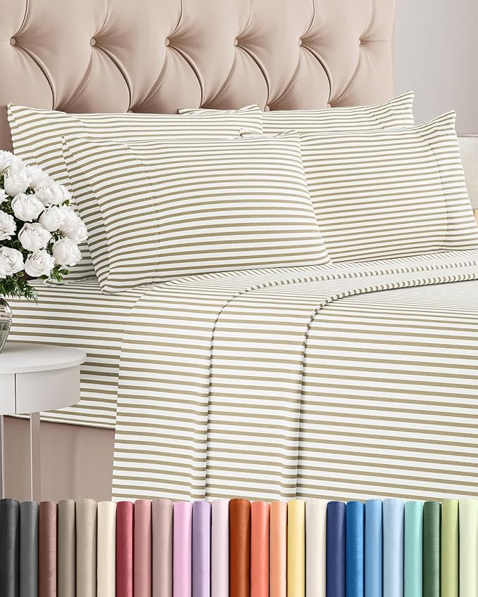 Cal King 6 Piece Bed Sheet Set - Soft, Breathable & Cooling - Beige Stripes | Ultra-Soft Hotel Luxury Bedding Set with 8-16 Inch Deep Pockets, 1 Flat & 1 Fitted Sheet & 4 Pillowcases, Wrinkle & Fade Free