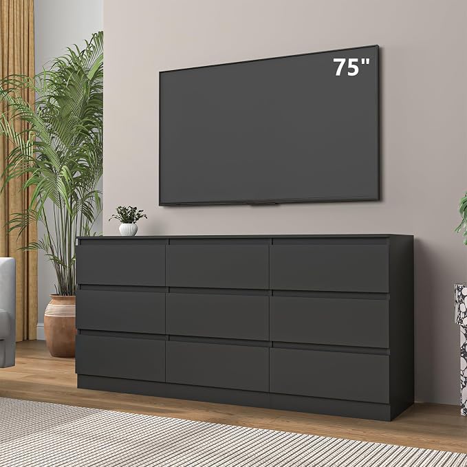 Vibe & Dine Black Dresser 9 Drawer, Modern Long Dresser for Bedroom, Wood Chest of Drawers with Wide Storage for Living Room